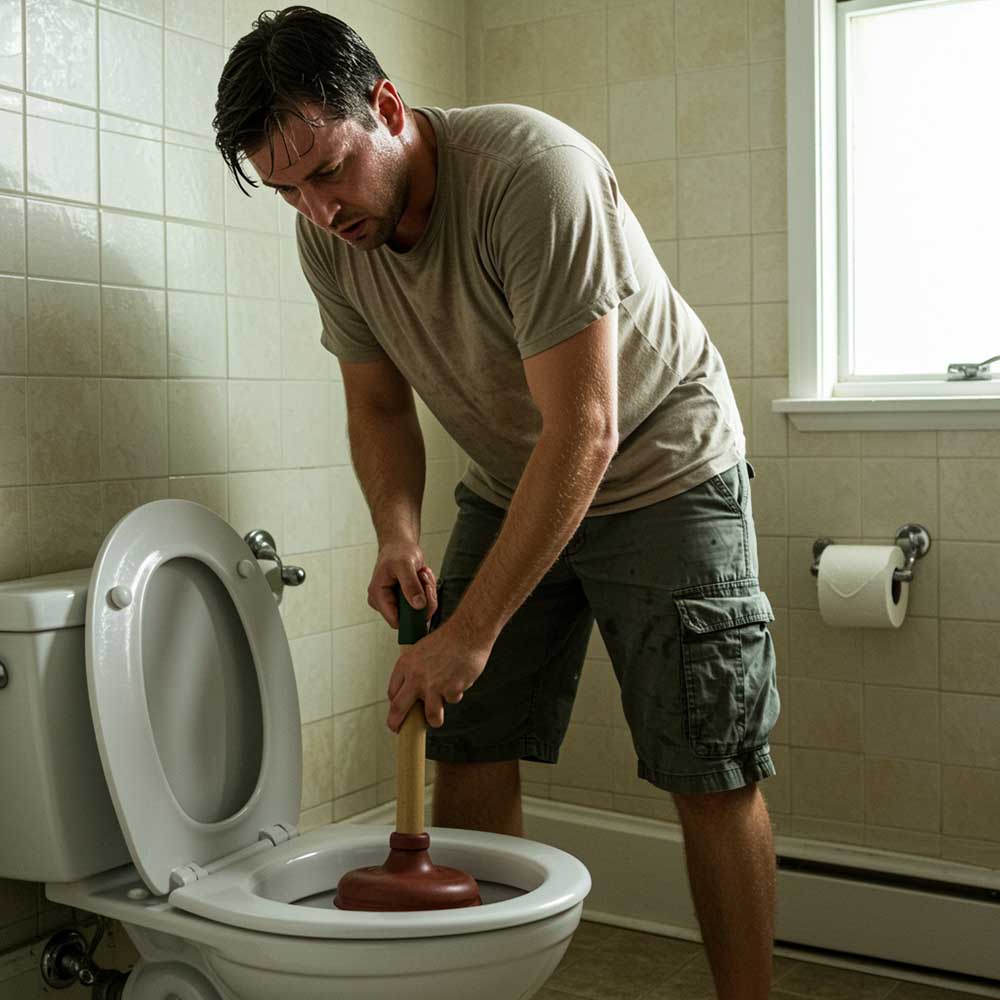 homeowner looking at a clogged toilet homeowner looking at a clogged toilet