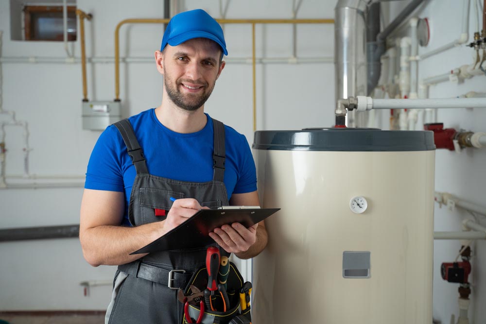 plumbing contractor inspecting a water heater plumbing contractor inspecting a water heater